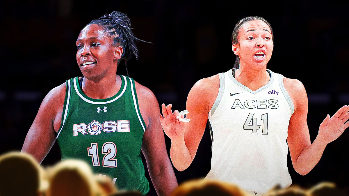 Aces and Rose BC guard Chelsea Gray (12) looks on after scoring against the Vinyl BC during the fourth quarter of the Unrivaled Championship game at Wayfair Arena. Las Vegas Aces center Kiah Stokes (41) reacts in the first half against the LA Sparks at Crypto.com Arena.