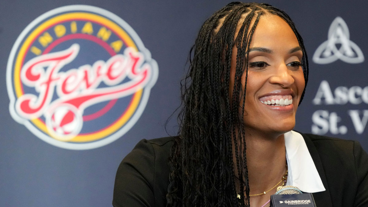 Indiana Fever forward DeWanna Bonner speaks during an introductory press conference Monday, Feb. 10, 2025, at Gainbridge Fieldhouse in Indianapolis.