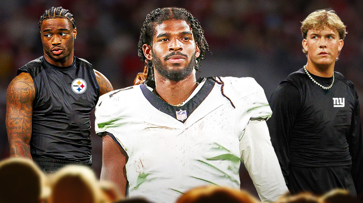 2025 NFL draft background with Shedeur Sanders in a Saints jersey, Jacson Dart in a NY Giants jersey, and Jalen Milroe in a Steelers jersey