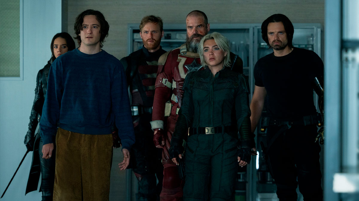 Hannah John-Kamen, Lewis Pullman, Wyatt Russell, David Harbour, Florence Pugh, and Sebastian Stan in Marvel Studios' latest movie Thunderbolts.