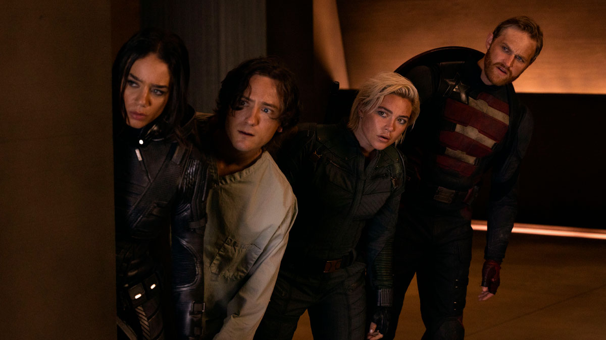 Hannah John-Kamen, Lewis Pullman, Florence Pugh, and Wyatt Russell in the Marvel Studios movie Thunderbolts*.