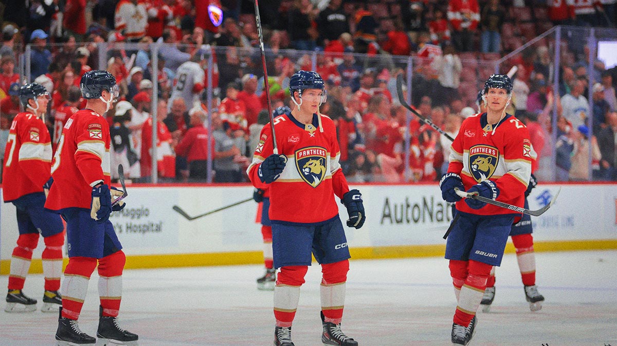 Florida Panthers center Anton Lundell (15) celebrates after the game against the Detroit Red Wings at Amerant Bank Arena.