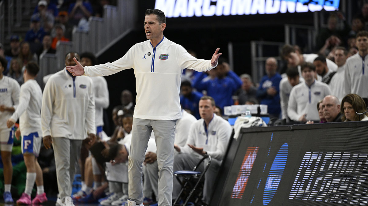 Florida Gators head coach Todd Golden stands on the sidelines during the second half against the Texas Tech Red Raiders during the West Regional final of the 2025 NCAA tournament at Chase Center.