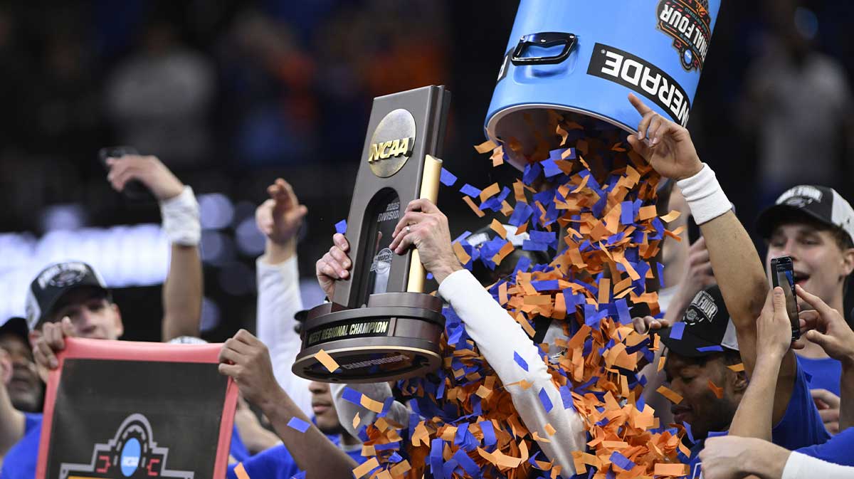 Florida Gators head coach Todd Golden celebrates after defeating the Texas Tech Red Raiders during the West Regional final of the 2025 NCAA tournament at Chase Center.