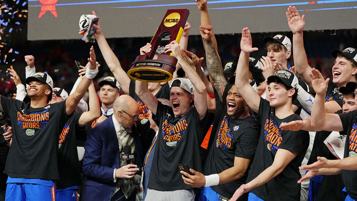 The Florida Gators celebrate after winning the national championship game of the Final Four of the 2025 NCAA Tournament at the Alamodome.