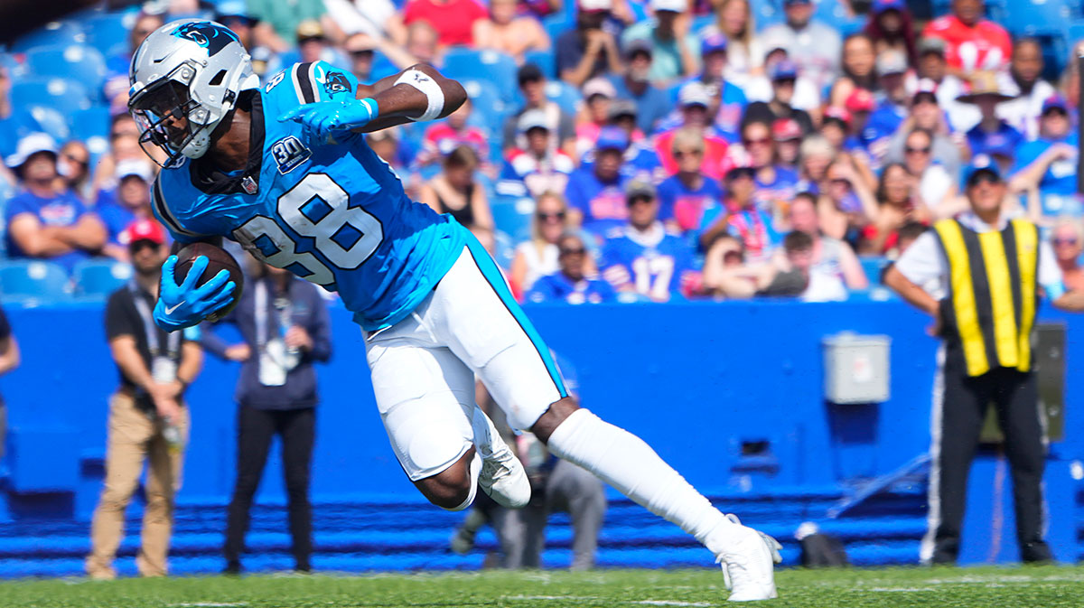 Carolina Panthers wide receiver Terrace Marshall Jr. (88) runs with the ball after making a catch and scores a touchdown against the Buffalo Bills during the second half at Highmark Stadium.