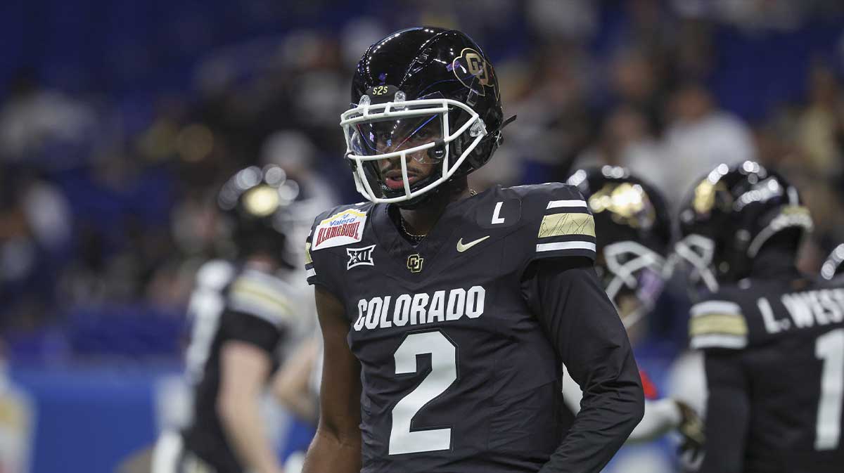 Colorado Buffaloes quarterback Shedeur Sanders (2) warms up before the game against the Brigham Young Cougars at Alamodome.