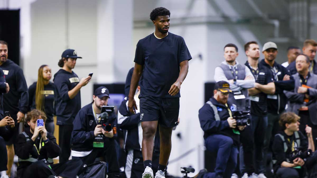 Colorado Buffaloes quarterback Shedeur Sanders (2) runs drills at the University of Colorado NFL Showcase at the CU Indoor Practice Facility.