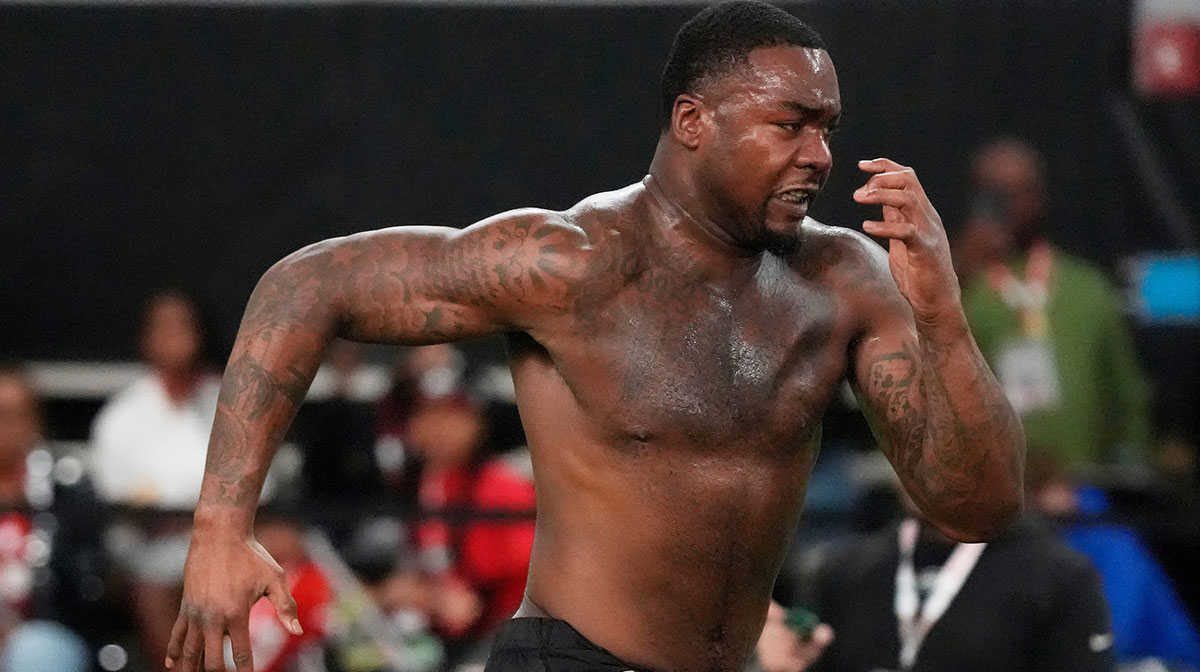 Former Georgia defensive lineman Mykel Williams runs a drill during UGA Footballs Pro Day in Athens, Ga., on Wednesday, March 12, 2025.