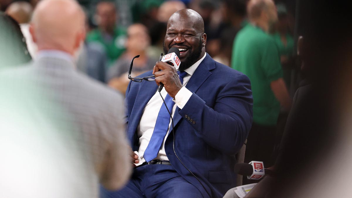 NBA former player Shaquille O'Neill laughs on the NBA TV set before game two of the 2024 NBA Finals between the Boston Celtics and the Dallas Mavericks at TD Garden.