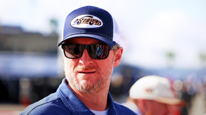 NASCAR team owner Dale Earnhardt Jr. looks on during practice for the Daytona 500 at Daytona International Speedway.