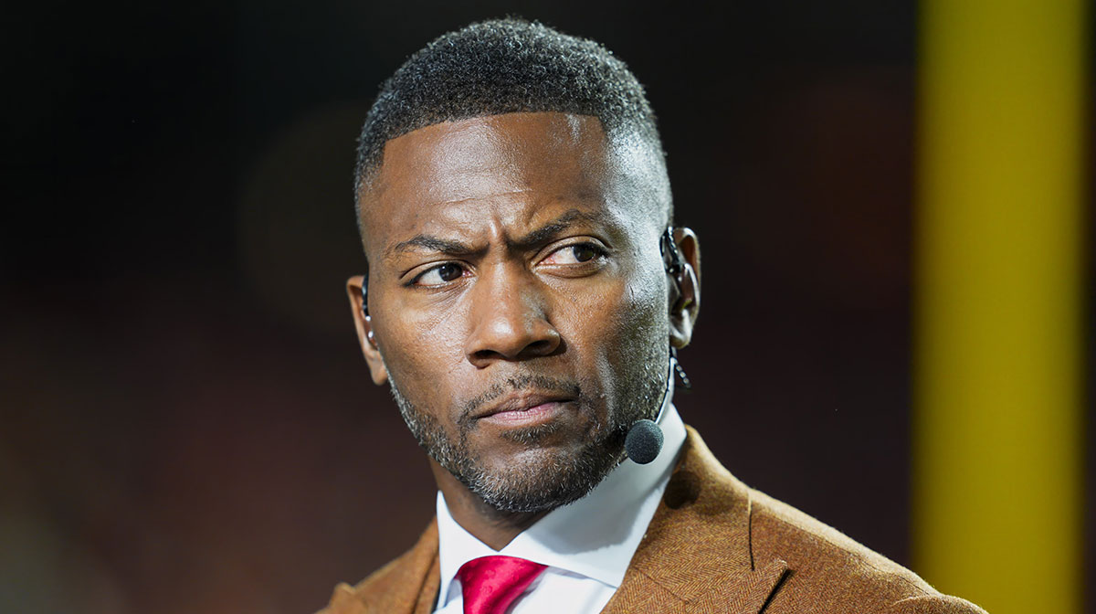 Broadcaster Ryan Clark prior to a game between the Tampa Bay Buccaneers and the Kansas City Chiefs at GEHA Field at Arrowhead Stadium.