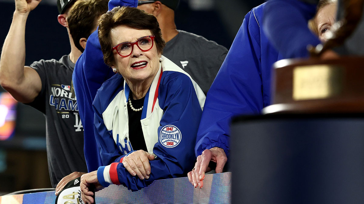 Los Angeles Dodgers minority owner Billie Jean King celebrates after winning the 2024 MLB World Series against the New York Yankees.