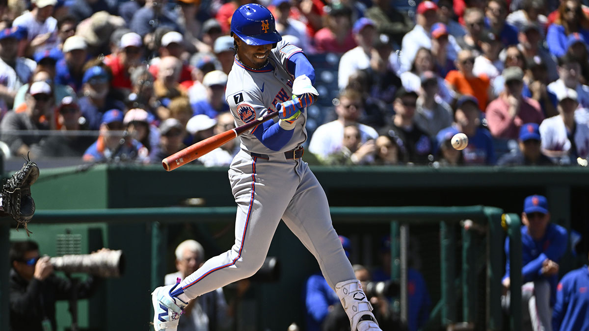 District of Columbia, USA; New York Mets shortstop Francisco Lindor (12) singles against the Washington Nationals during the first inning at Nationals Park.