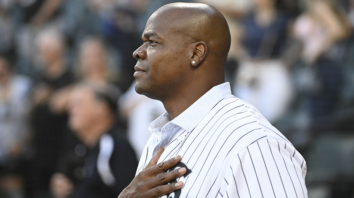 Former Chicago White Sox player Frank Thomas during the national anthem before the team’s game against the New York Mets. He was there to throw out a ceremonial first pitch. at Guaranteed Rate Field.