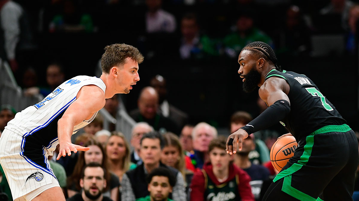 Orlando Magic forward Franz Wagner (22) defends against Boston Celtics guard Jaylen Brown (7) during the first half at TD Garden.