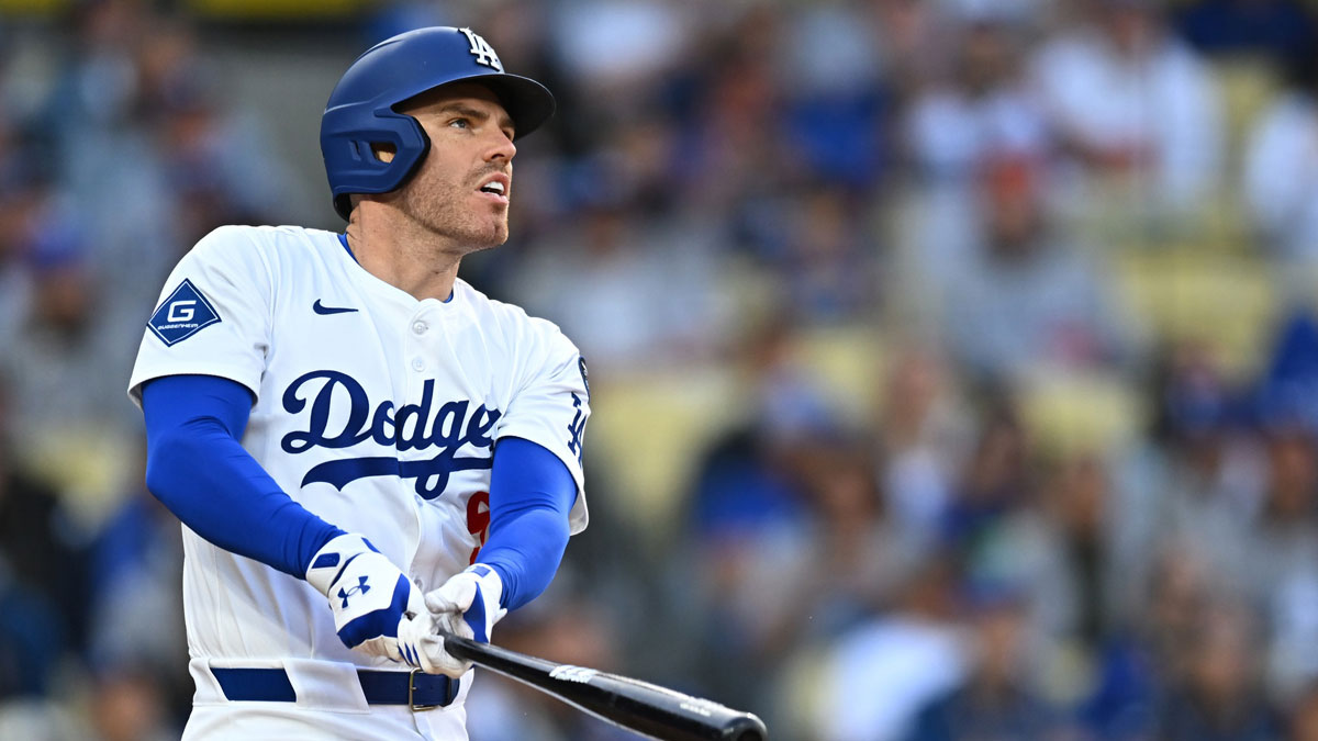 Los Angeles Dodgers first baseman Freddie Freeman (5) hits a home run during the 1st inning against the Detroit Tigers at Dodger Stadium.