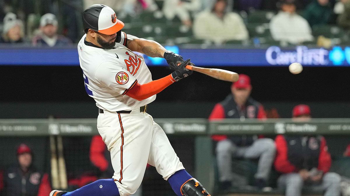 Baltimore Orioles catcher Gary Sanchez (42) drives in a run during the eight inning against the Cleveland Guardians at Oriole Park at Camden Yards. All players wore (42) to commemorate Jackie Robinson Day.