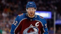 Colorado Avalanche left wing Gabriel Landeskog (92) in the second period against the St. Louis Blues in game five of the second round of the 2022 Stanley Cup Playoffs at Ball Arena.
