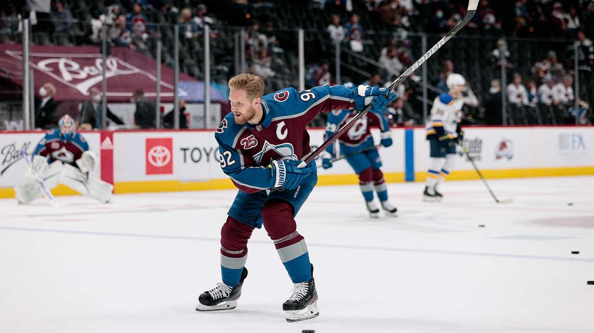 Colorado Avalanche left wing Gabriel Landeskog (92) warms up before game two of the first round of the 2021 Stanley Cup Playoffs against the St. Louis Blues at Ball Arena.