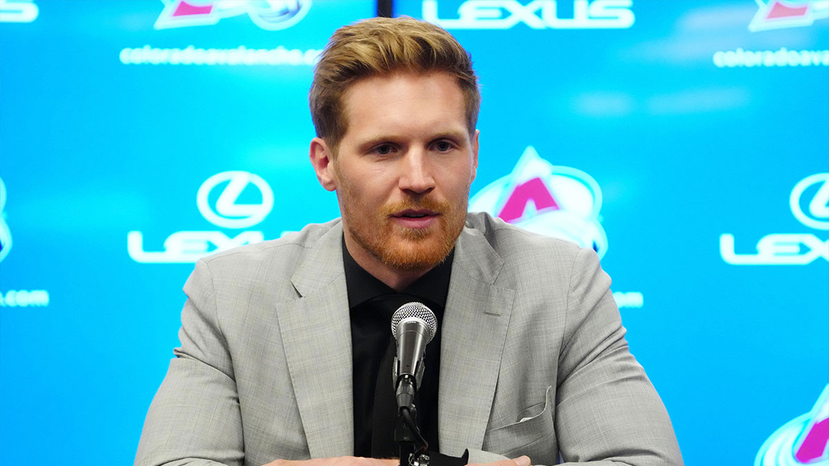 Colorado Avalanche left wing Gabriel Landeskog (92) speaks to the media before the game at Ball Arena.
