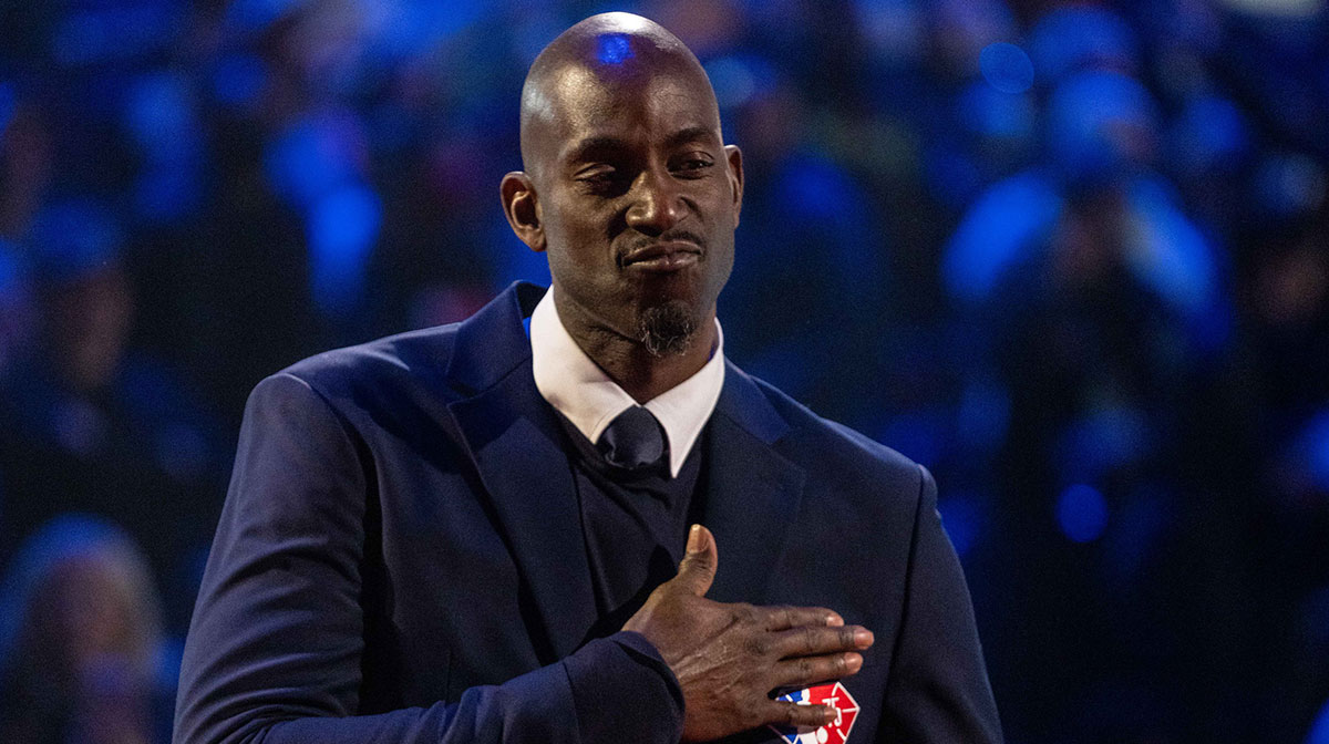 NBA great Kevin Garnett is honored for being selected to the NBA 75th Anniversary Team during halftime in the 2022 NBA All-Star Game at Rocket Mortgage FieldHouse