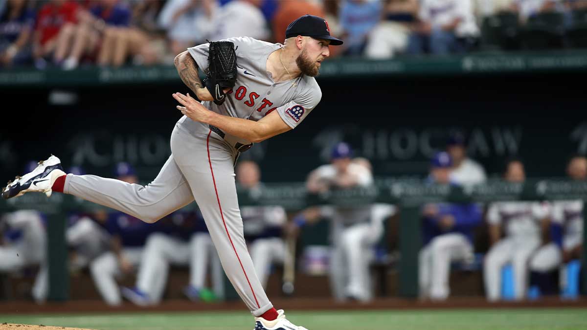 Boston Red Sox pitcher Garrett Crochet (35) throws a pitch in the first inning against the Texas Rangers at Globe Life Field.