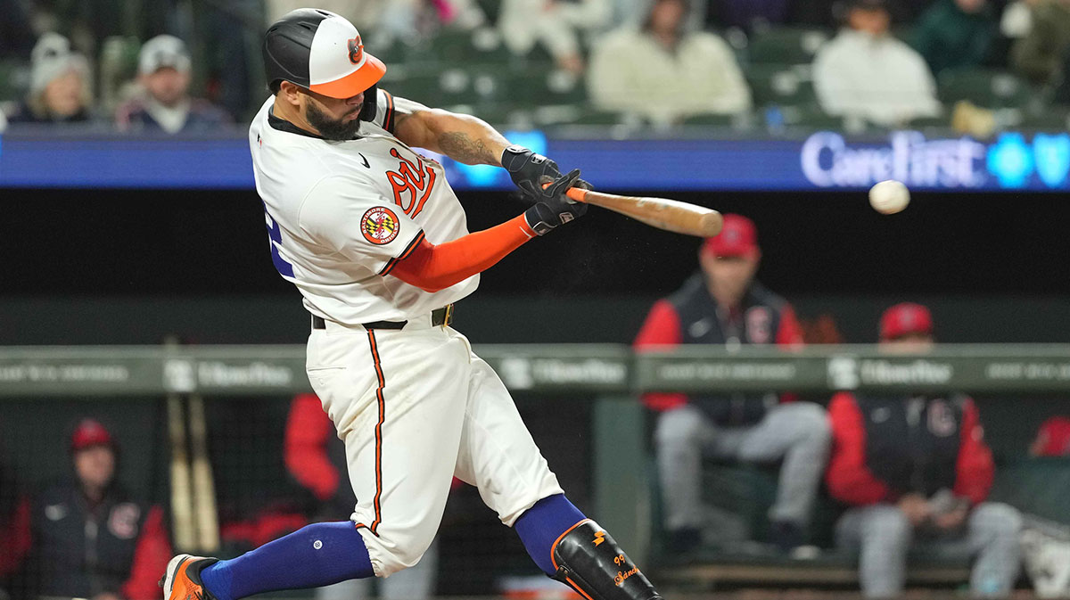Baltimore Orioles catcher Gary Sanchez (42) drives in a run during the eight inning against the Cleveland Guardians at Oriole Park at Camden Yards. All players wore (42) to commemorate Jackie Robinson Day.
