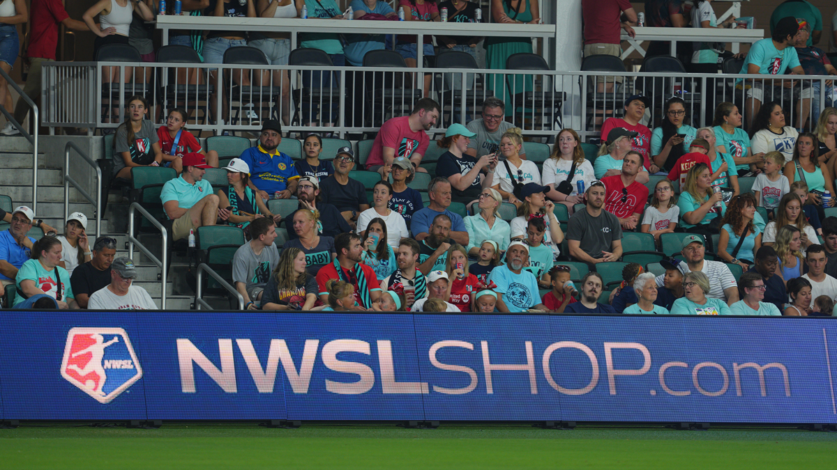 General view of the “NWSLshop” logo in the second half between the Kansas City Current and Pachuca at CPKC Stadium.