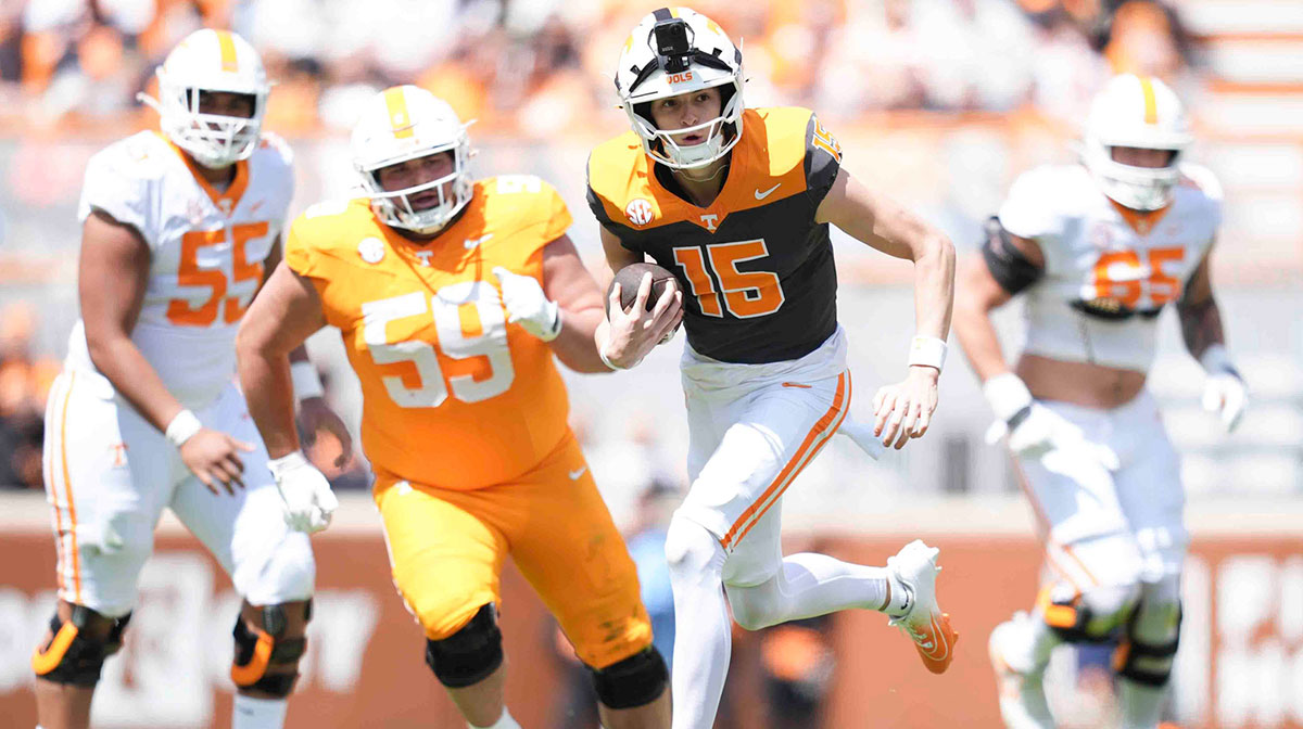 Tennessee quarterback George MacIntyre (15) during the Orange & White spring game in Neyland Stadium, Saturday, April 12, 2025.