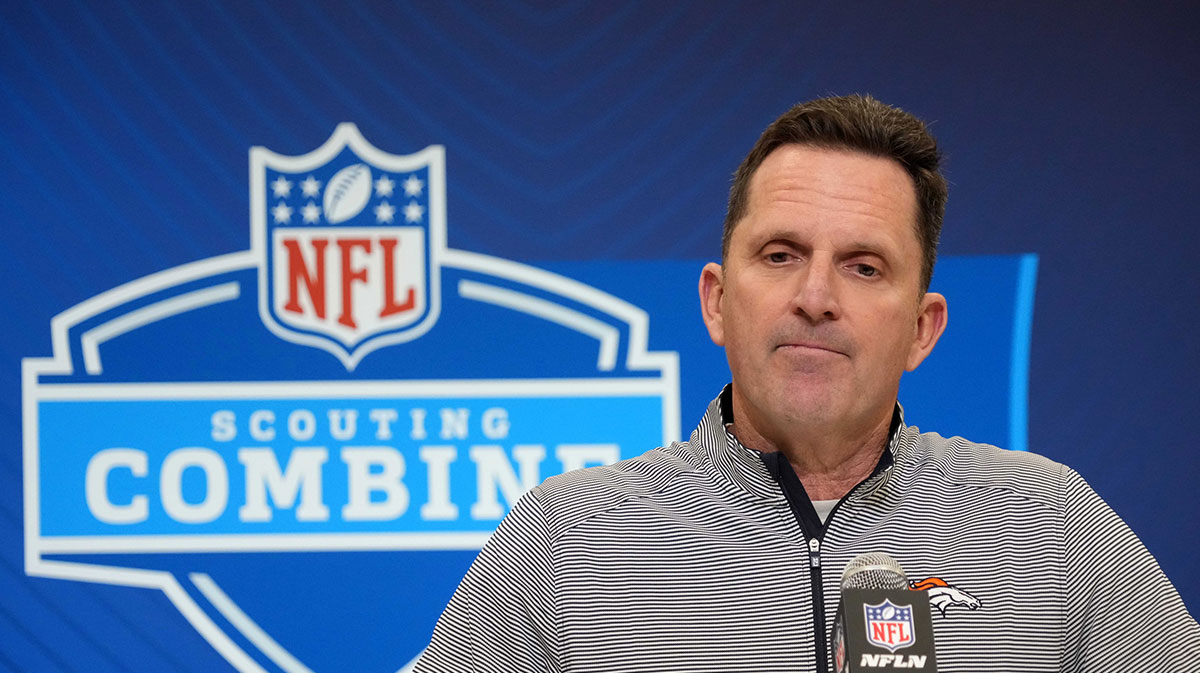 Denver Broncos general manager George Paton speaks during the NFL Scouting Combine at the Indiana Convention Center