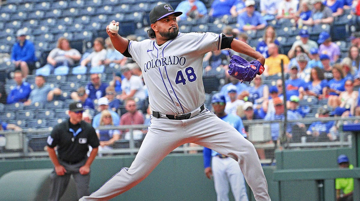Colorado Rockies starting pitcher German Marquez (48) throws a pitch in the first inning against the Kansas City Royals at Kauffman Stadium.