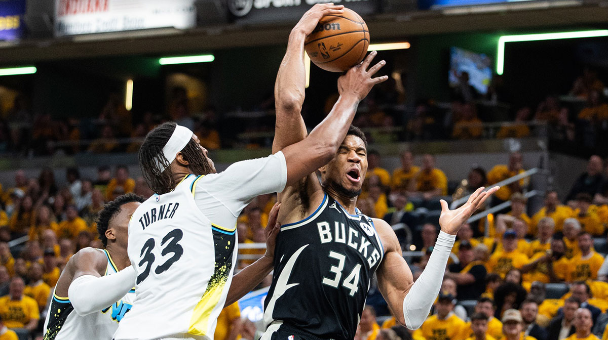 Milwaukee Bucks forward Giannis Antetokounmpo (34) shoots the ball while Indiana Pacers center Myles Turner (33) defends during game five of the first round for the 2024 NBA Playoffs at Gainbridge Fieldhouse.