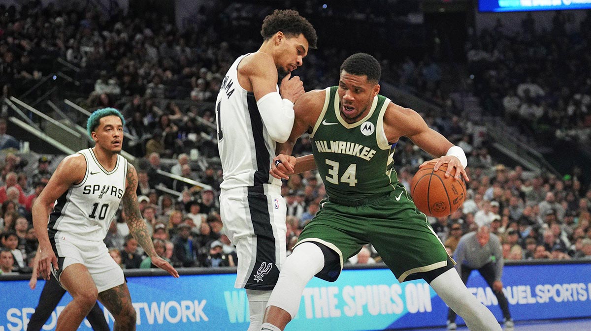 Milwaukee Bucks forward Giannis Antetokounmpo (34) drives to the basket against San Antonio Spurs center Victor Wembanyama (1) during the second half at Frost Bank Center