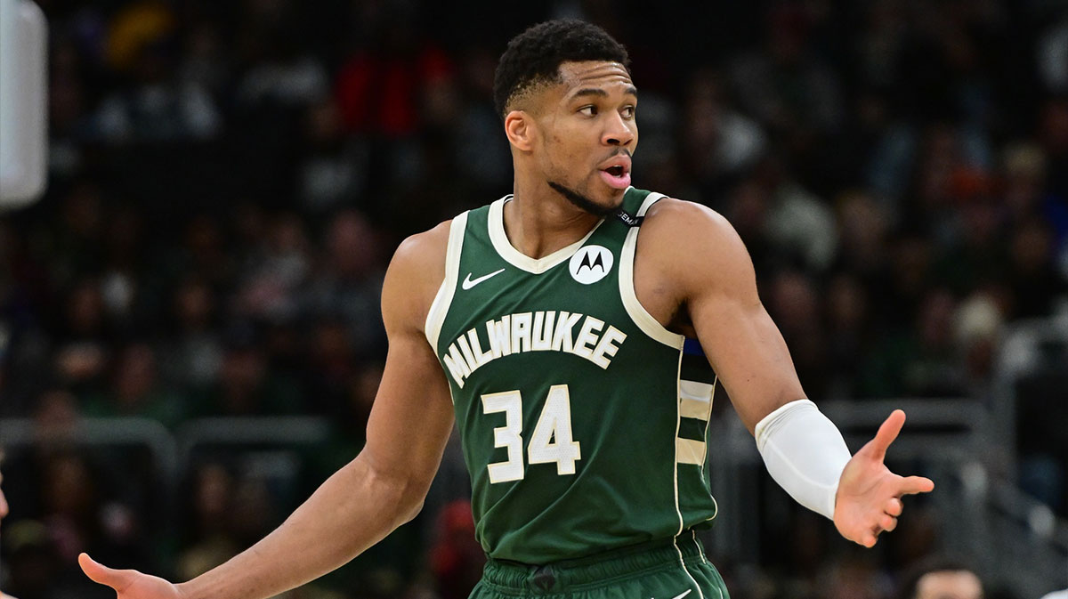 Milwaukee Bucks forward Giannis Antetokounmpo (34) reacts in the second quarter against the Phoenix Suns at Fiserv Forum.