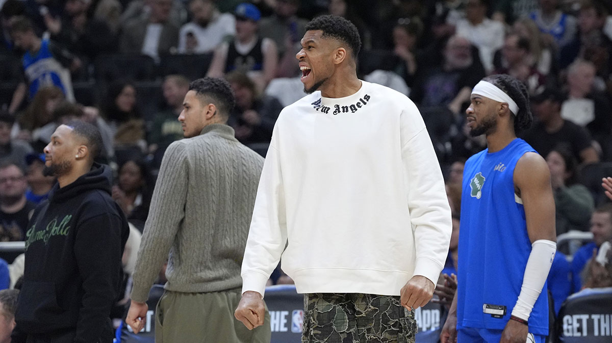 Milwaukee Bucks forward Giannis Antetokounmpo (34) celebrates the Milwaukee Bucks comeback in the second half against he Detroit Pistons at Fiserv Forum.