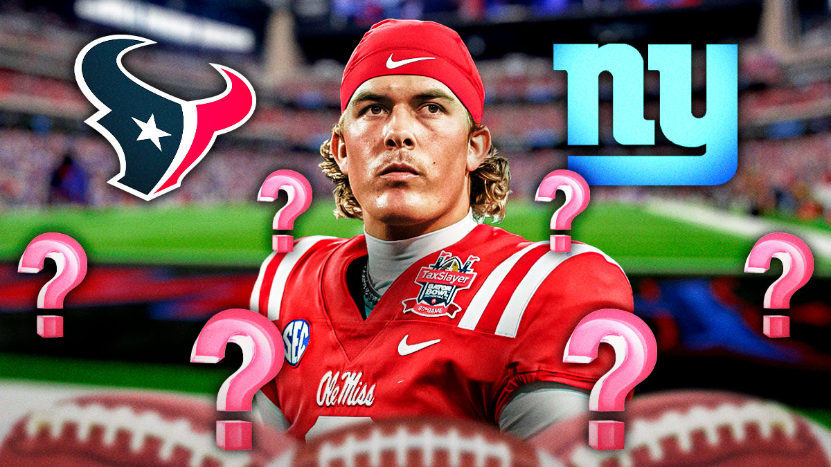 Ole Miss QB Jaxson Dart surrounded by question mark emojis. There are also logos for the Houston Texans and New York Giants.