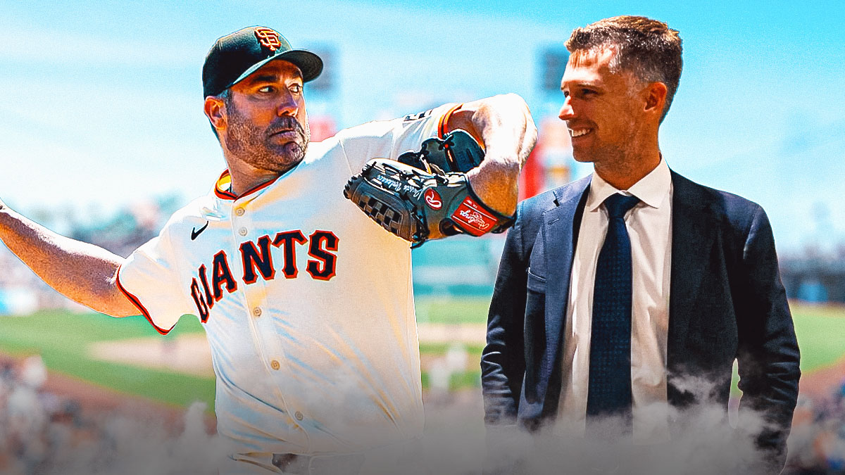 Justin Verlander pitching in a San Francisco Giants uniform with Giants GM Buster Posey to the side. As posey signed verlander to beef up the giants' pitching staff.