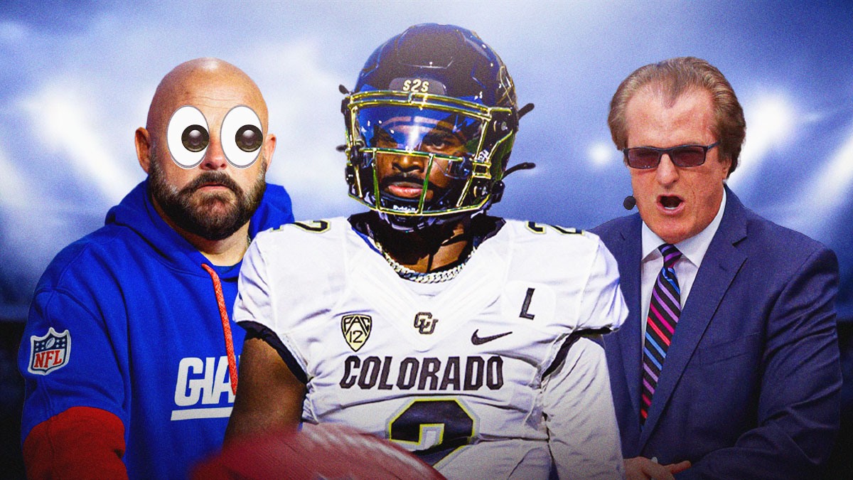 Shedeur Sanders playing football in the middle. Brian Daboll on the left with googly eyes looking at Sanders. Mel Kiper Jr. on the right looking serious.