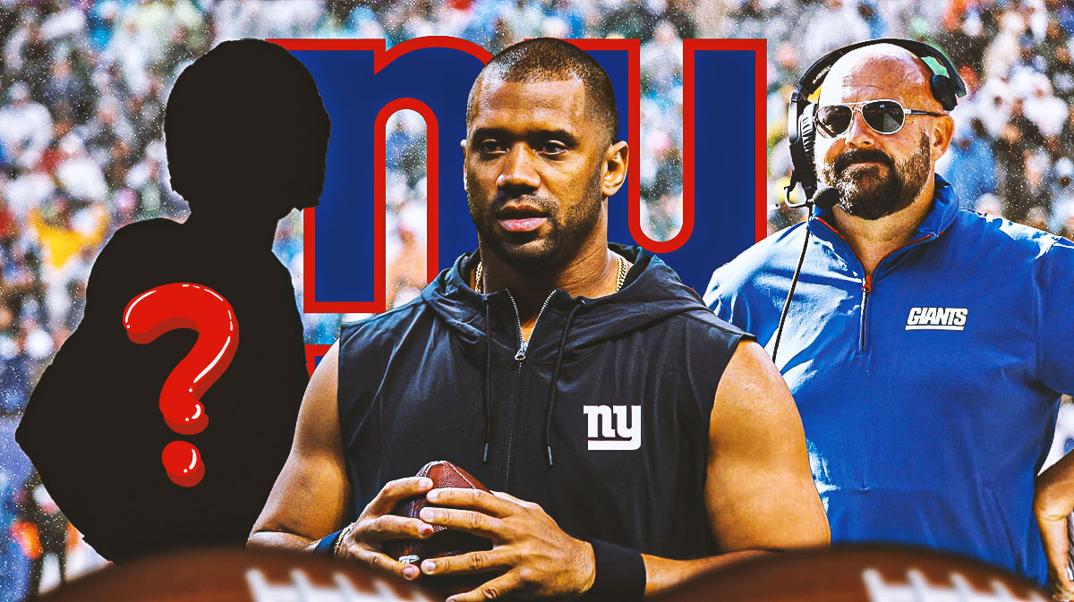 New York Giants QB Russell Wilson with head coach Brian Daboll and a silhouette of an American football player with a big question mark emoji inside. There is also a logo for the New York Giants.