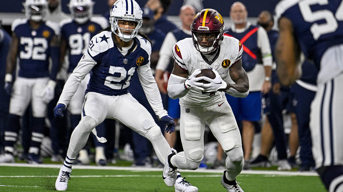 Dallas Cowboys cornerback Stephon Gilmore (21) and Washington Commanders wide receiver Curtis Samuel (4) in action during the game between the Dallas Cowboys and the Washington Commanders at AT&T Stadium.