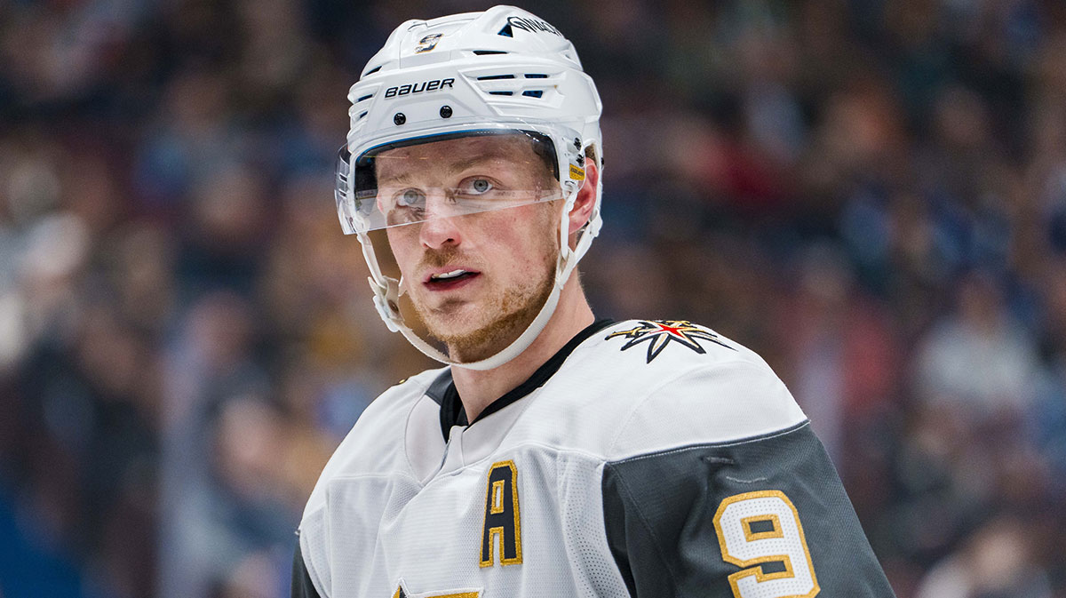 Vegas Golden Knights forward Jack Eichel (9) during a stop in play against the Vegas Golden Knights in the third period at Rogers Arena.