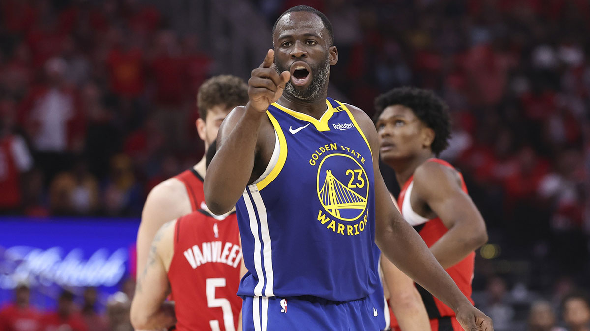 Golden State Warriors forward Draymond Green (23) reacts after a call during the fourth quarter during game two of the first round for the 2024 NBA Playoffs against the Houston Rockets at Toyota Center.