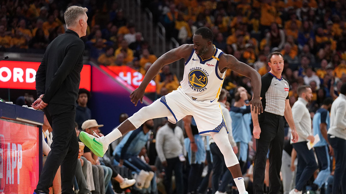 Apr 15, 2025; San Francisco, California, USA; Golden State Warriors forward Draymond Green (23) reacts next to head coach Steve Kerr after the Warriors were called for a foul against the Memphis Grizzlies in the third quarter at the Chase Center. Mandatory Credit: Cary Edmondson-Imagn Images