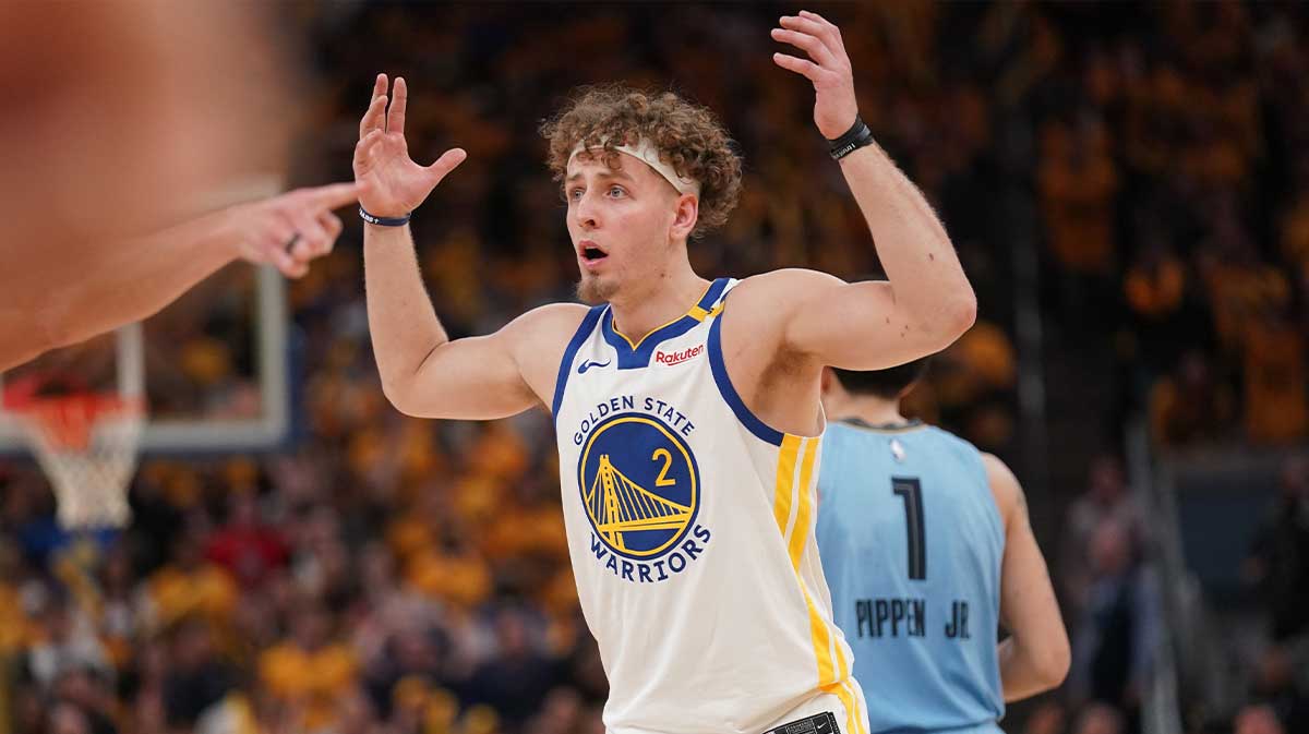 Golden State Warriors guard Brandin Podziemski (2) reacts after the Warriors were called for a foul against the Memphis Grizzlies in the fourth quarter at the Chase Center.
