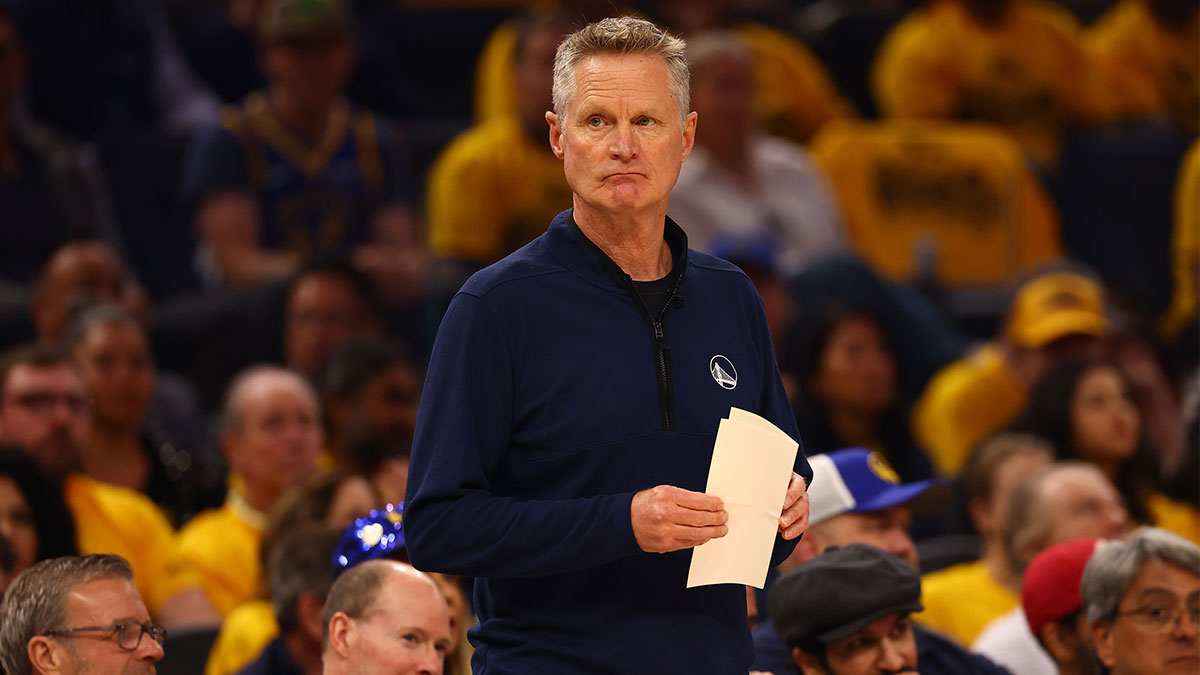 Golden State Warriors head coach Steve Kerr on the sideline during the first quarter of game four of the 2025 NBA Playoffs first round against the Houston Rockets at Chase Center.