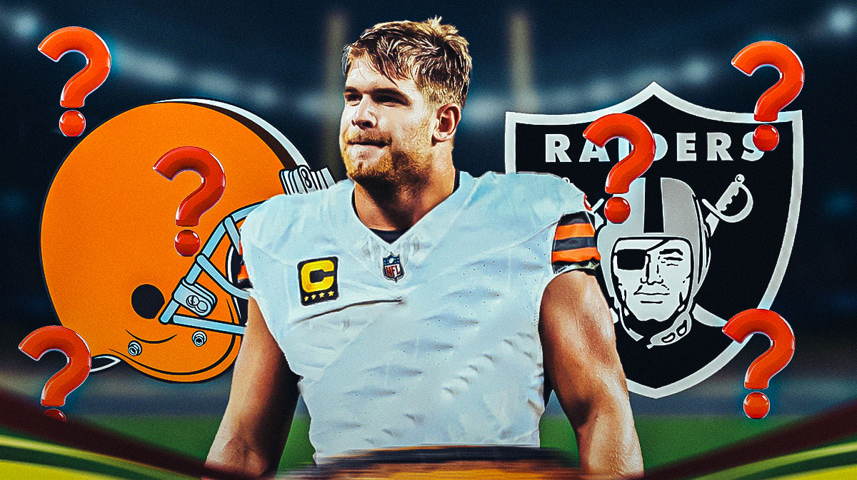 NFL tight end Michael Mayer in a Browns jersey. He is surrounded by question mark emojis. There are also logos for the Las Vegas Raiders and Cleveland Browns.