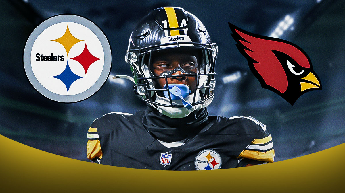 George Pickens in middle, Arizona Cardinals and Pittsburgh Steelers logos, football field in background
