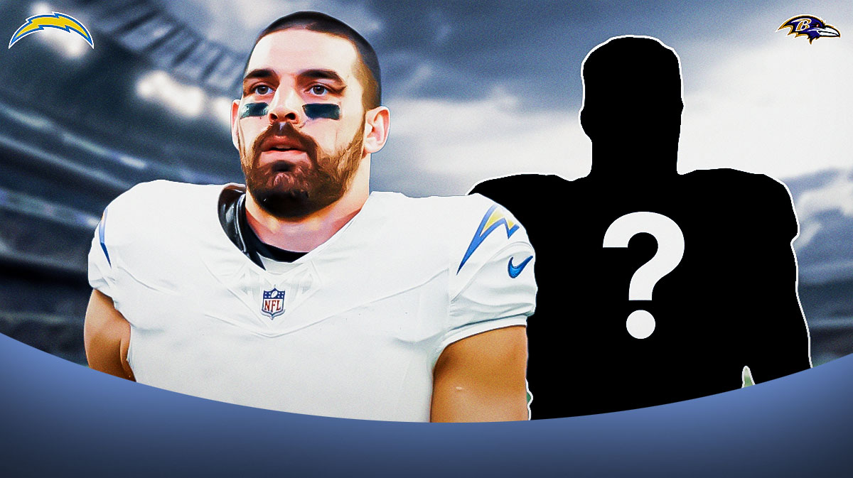 Mark Andrews in a Chargers uniform. He is next to a silhouette of an American football player with a big question mark emoji inside. There are also logos for the Los Angeles Chargers and Baltimore Ravens.