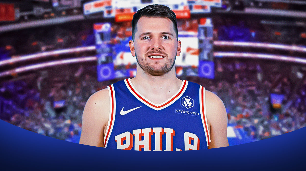 Luka Doncic photoshopped in 76ers jersey number 77.